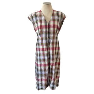 MNG Pink Green Plaid Linen Button Down Maxi Dress Sz 8 Preppy Daytime Casual